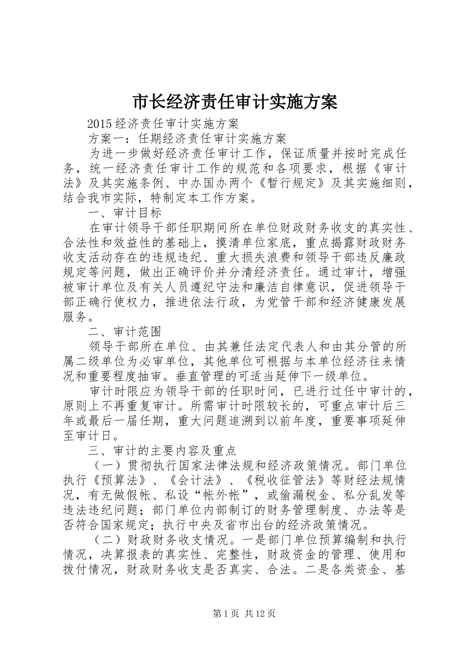 市长经济责任审计方案_第1页