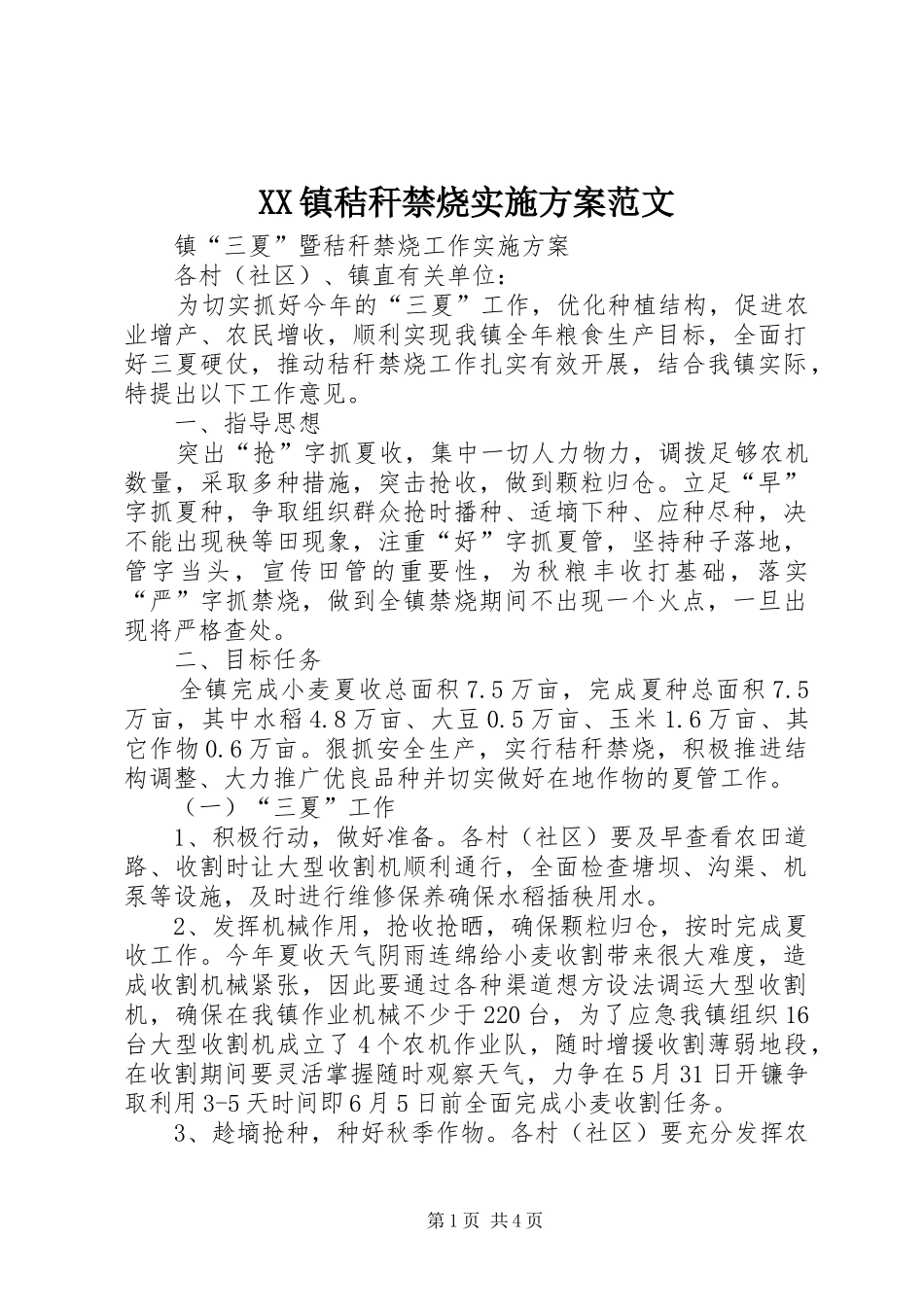 XX镇秸秆禁烧方案范文_第1页