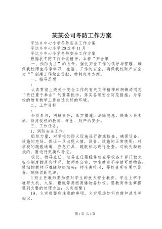 某某公司冬防工作实施方案