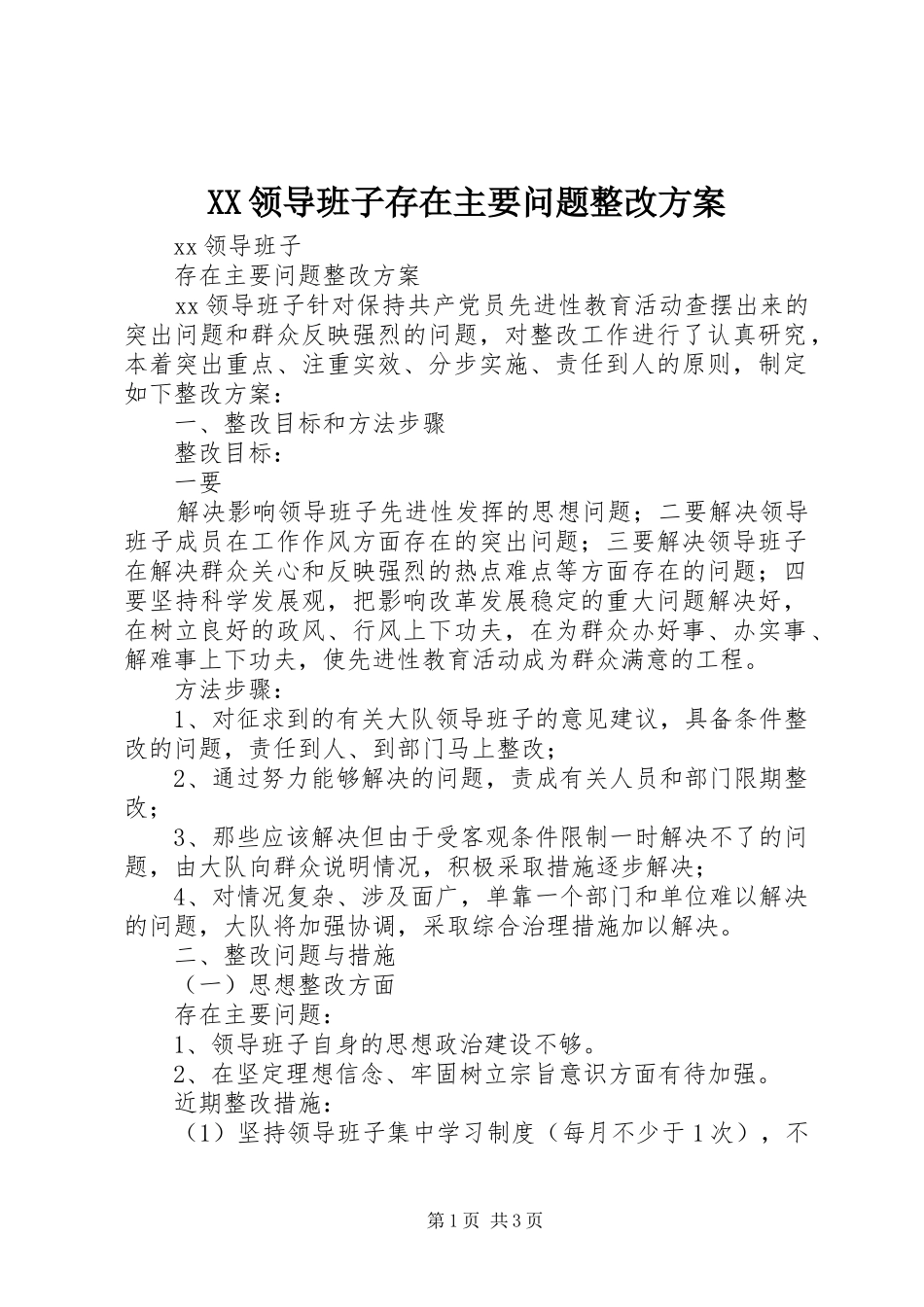 XX领导班子存在主要问题整改实施方案_第1页