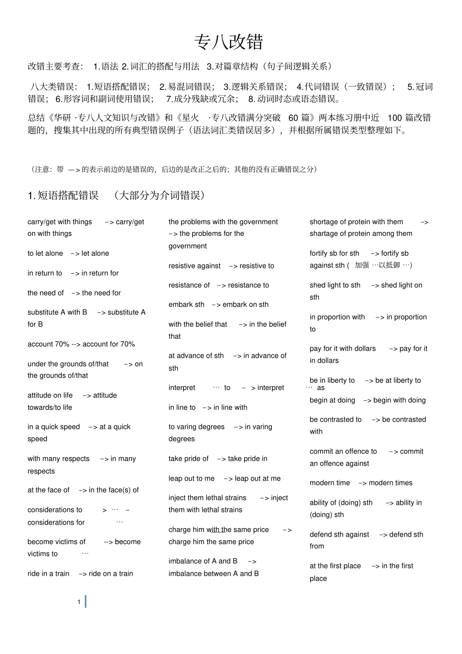 (word完整版)最强专八改错总结(华研、星火),推荐文档_第1页