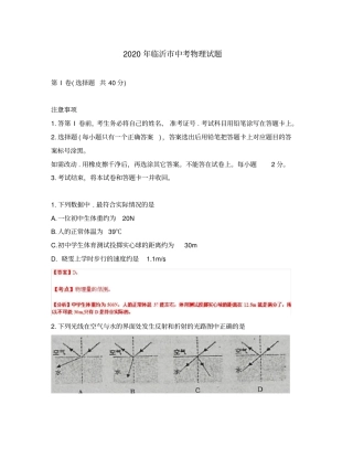 山东省临沂市2020年中考物理真题试题(解析版)