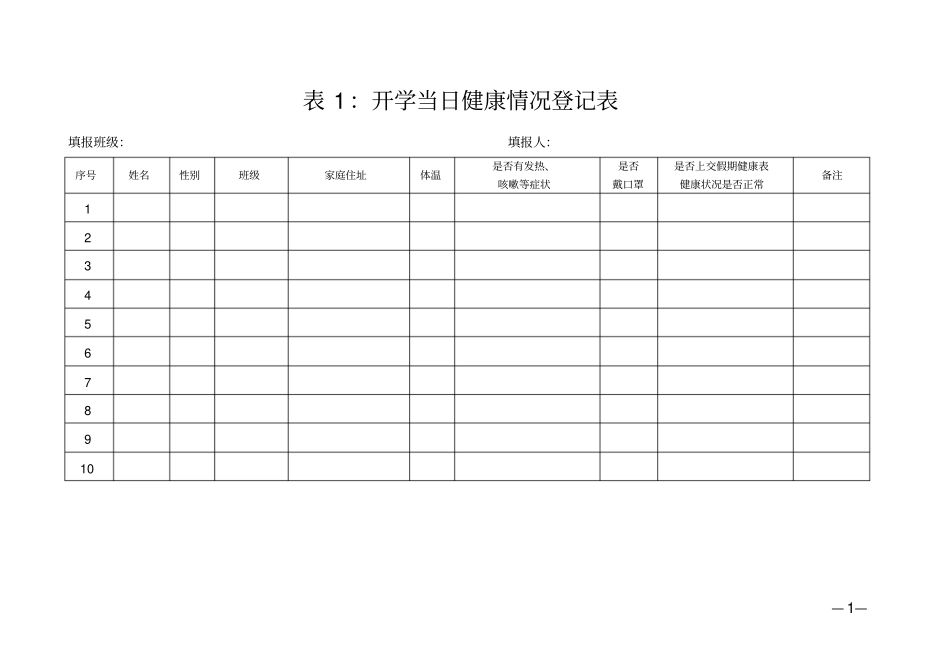 学校开学防疫防控各类登记表格(合集)_第1页