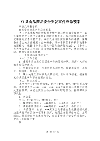 XX县食品药品安全突发事件应急处理预案