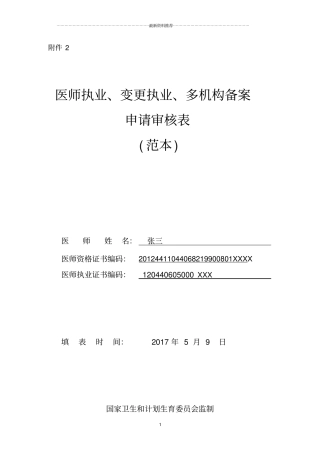 医师执业、变更执业、多机构备案申请审核表(范本)(医师备案：多执业机构备案)精编版