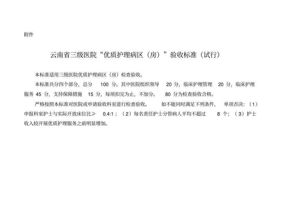 云南省三级医院“优质护理病区(房)”验收标准(试行)_第1页