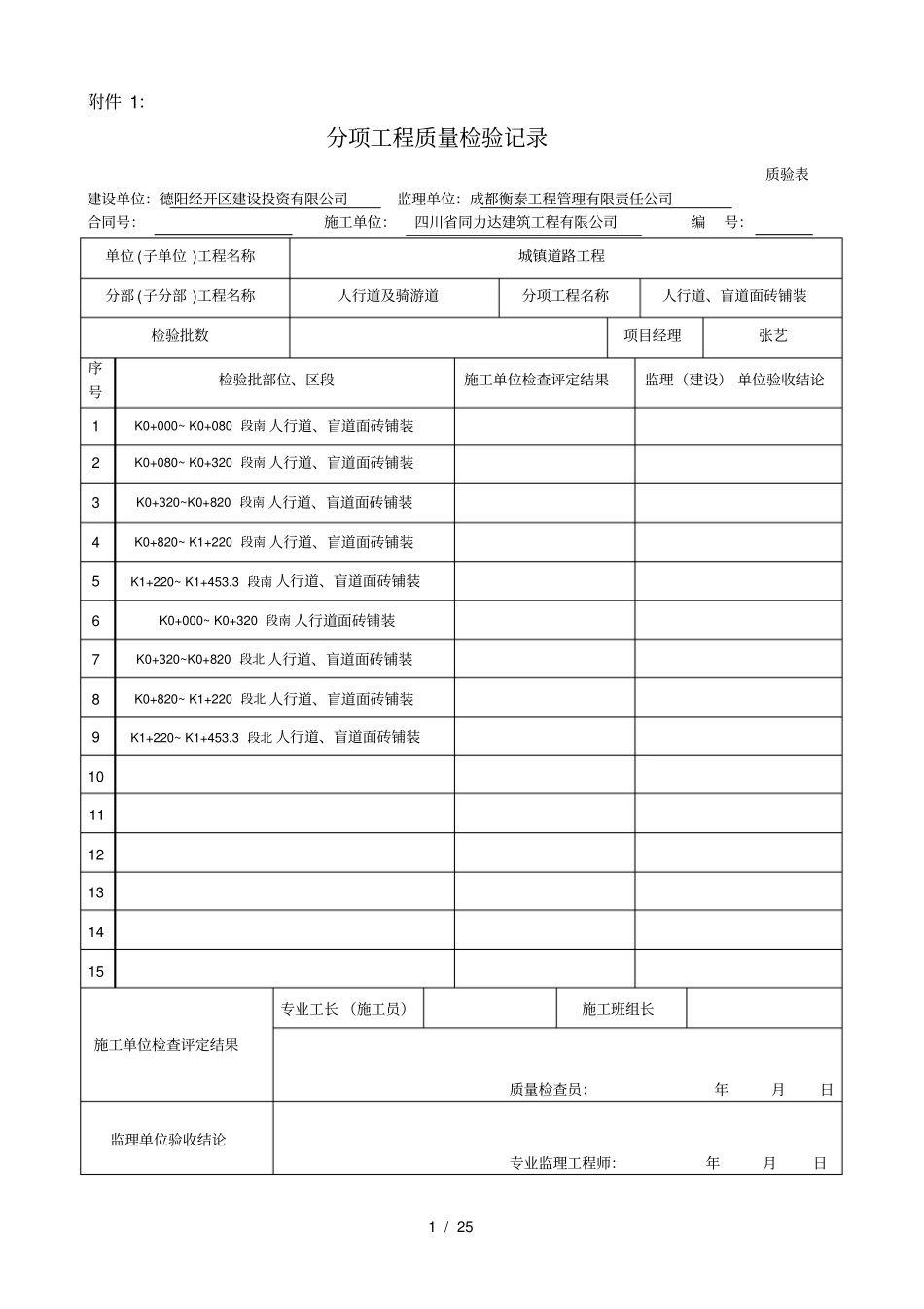 市政工程分部分项表格_第1页