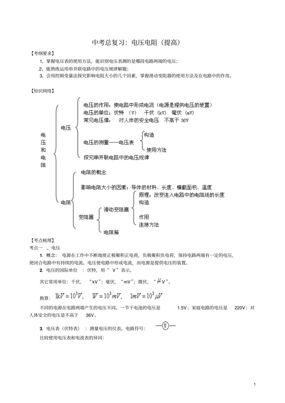 中考总复习：电压电阻(提高)知识讲解_第1页