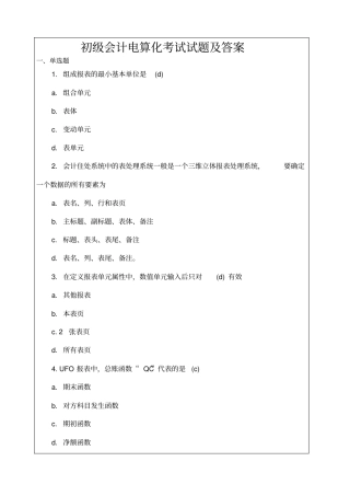 初级会计电算化考试考试试题