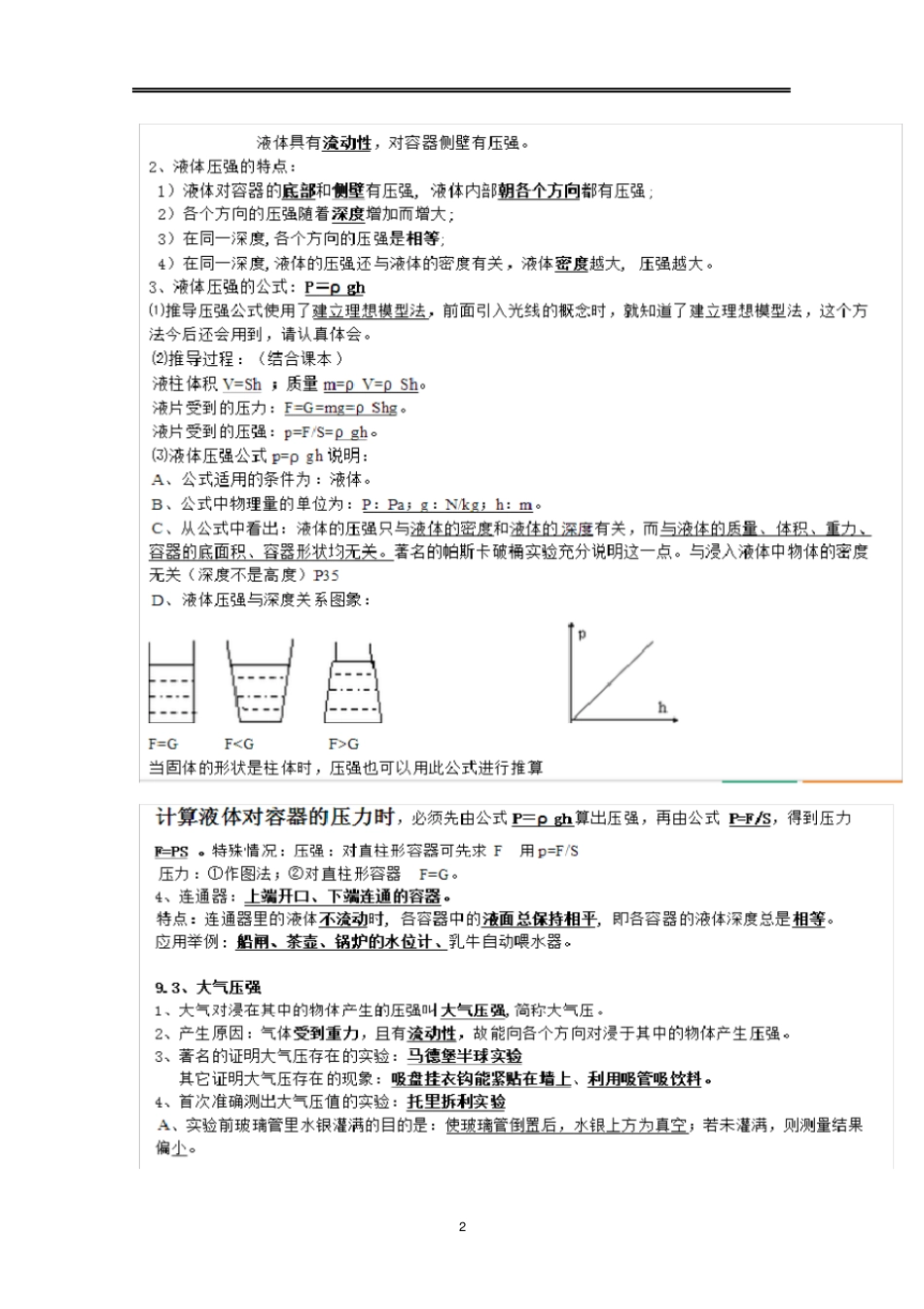 人教版初二下册物理压强知识点归纳与经典题型汇总_第2页
