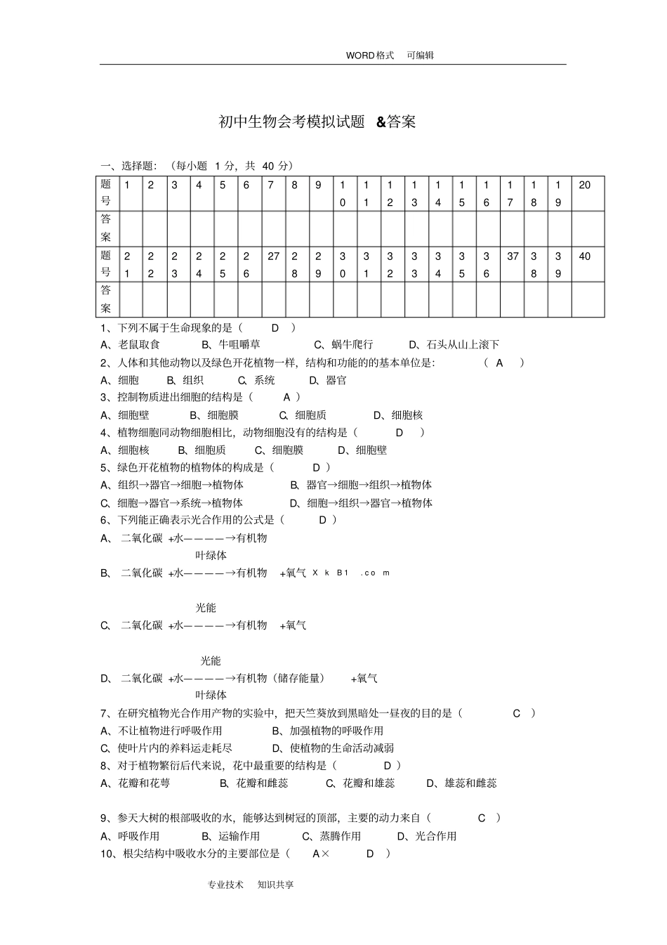 2017年初中生物会考试题和答案解析_第1页