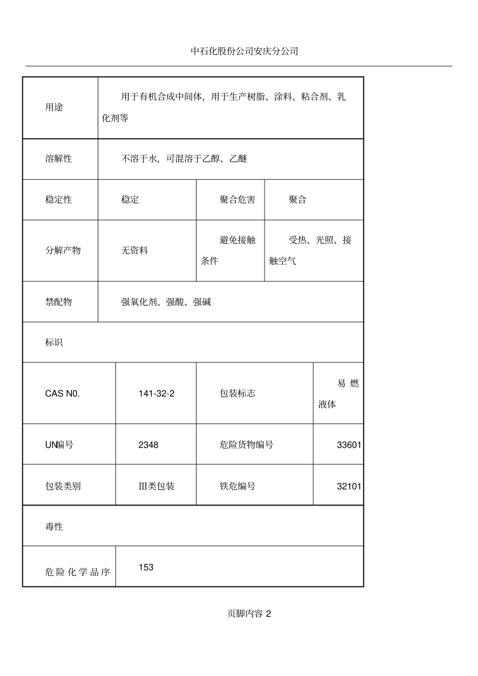 丙烯酸丁酯安全技术说明书_第2页