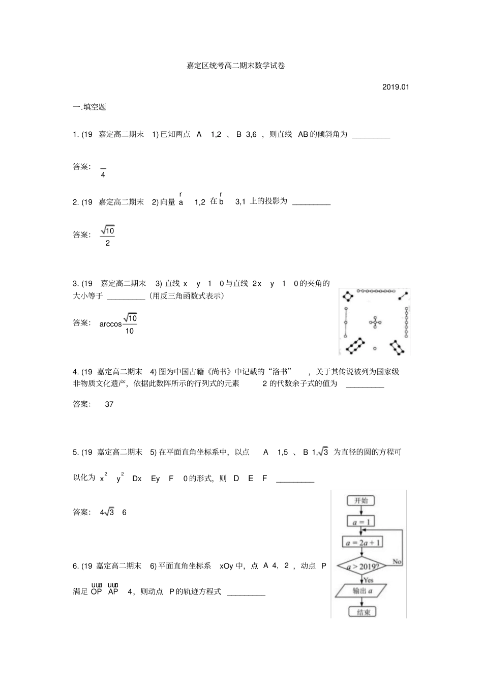 上海市2018-2019学年嘉定统考高二上期末数学期末试卷_第1页
