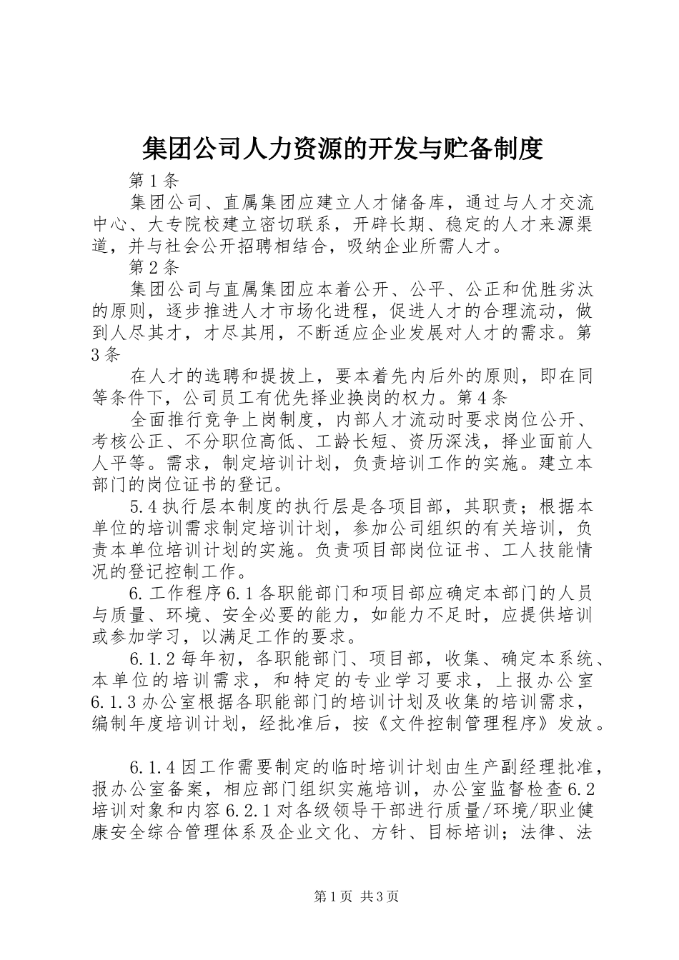 集团公司人力资源的开发与贮备规章制度_第1页