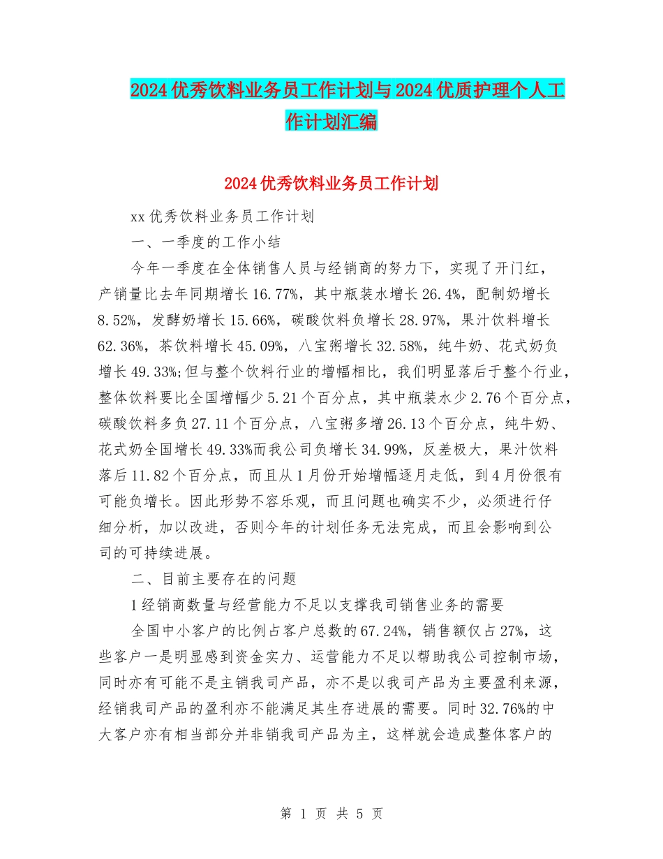 2024优秀饮料业务员工作计划与2024优质护理个人工作计划汇编_第1页