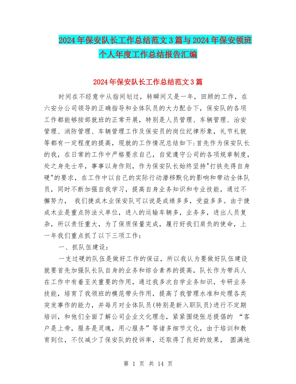 2024年保安队长工作总结范文3篇与2024年保安领班个人年度工作总结报告汇编_第1页