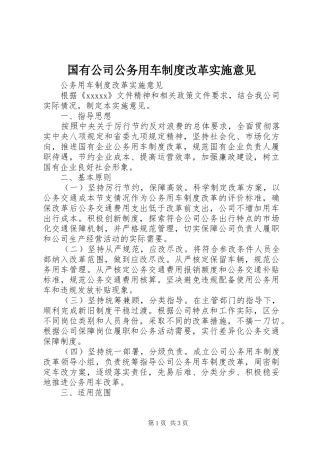国有公司公务用车规章制度改革实施意见