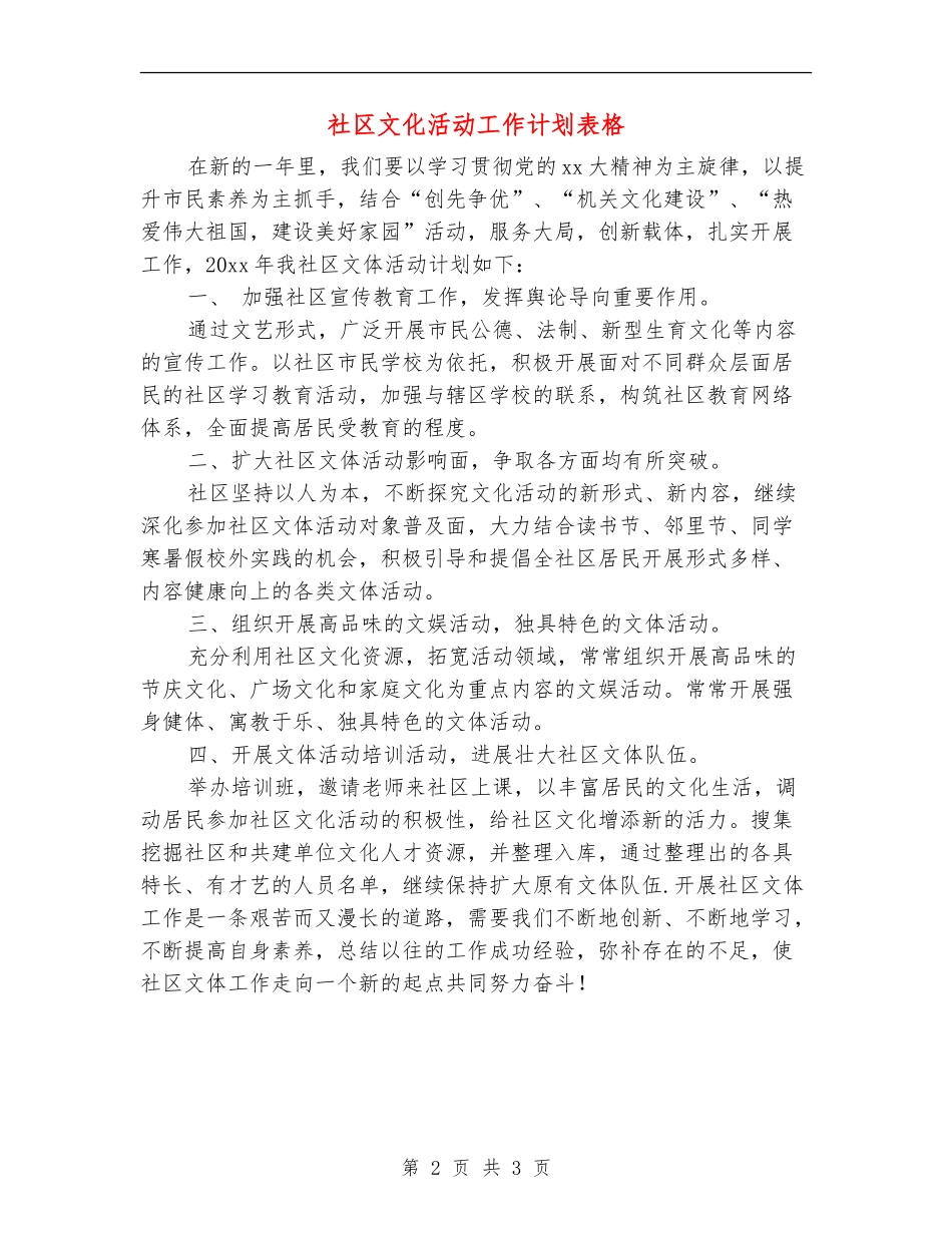 社区文化活动工作计划表格_第2页