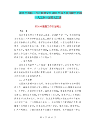 2024中医院工作计划例文与2024中国人寿保险中介部个人工作计划范文汇编