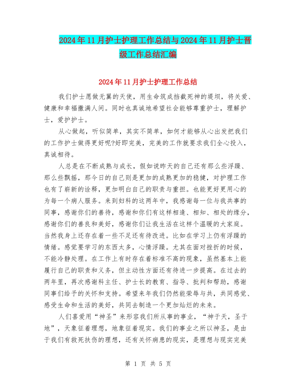 2024年11月护士护理工作总结与2024年11月护士晋级工作总结汇编_第1页