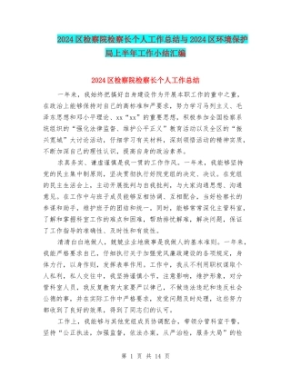 2024区检察院检察长个人工作总结与2024区环境保护局上半年工作小结汇编