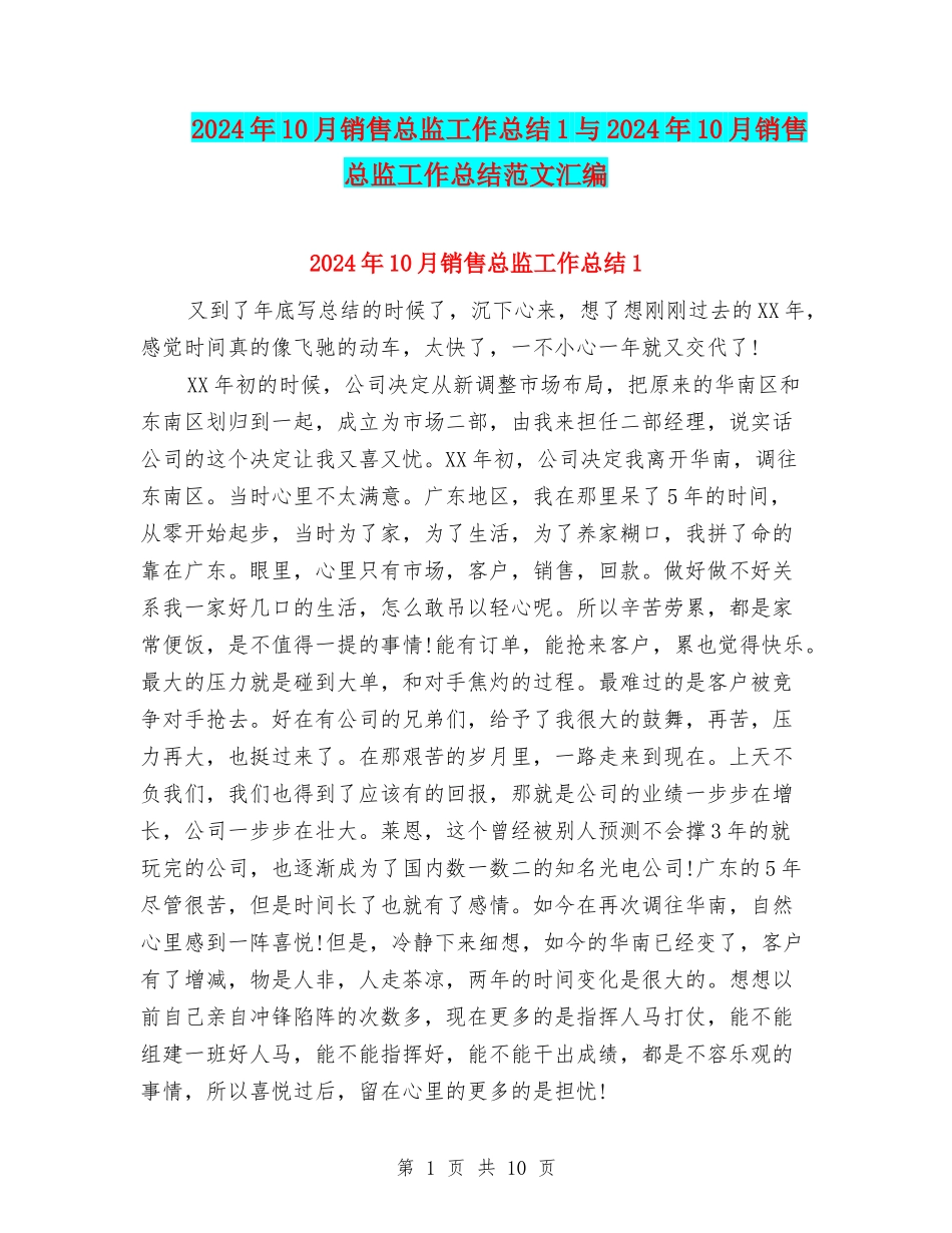 2024年10月销售总监工作总结1与2024年10月销售总监工作总结范文汇编_第1页