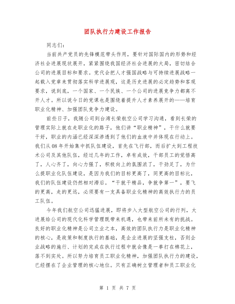 团队执行力建设工作报告_第1页