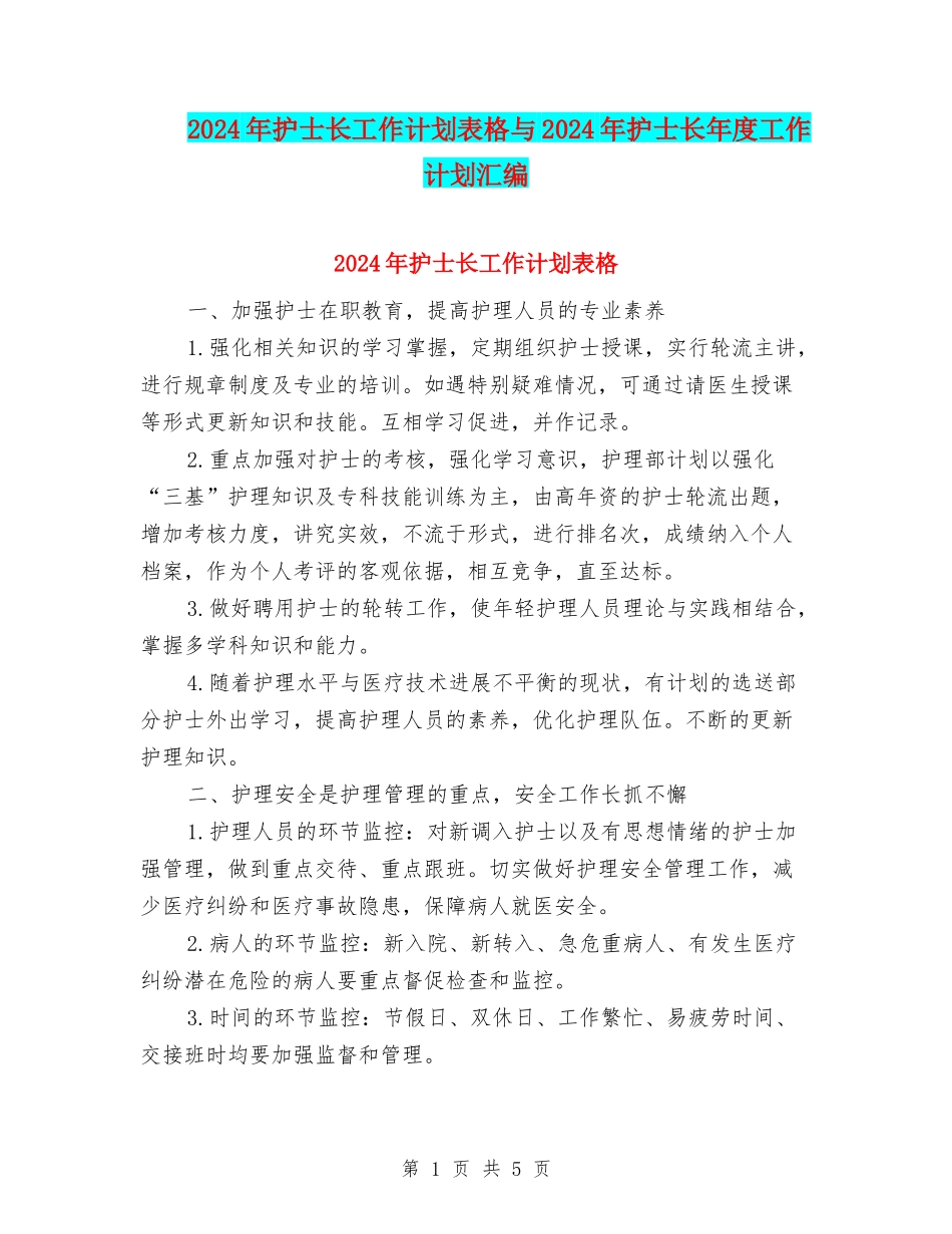 2024年护士长工作计划表格与2024年护士长年度工作计划汇编_第1页