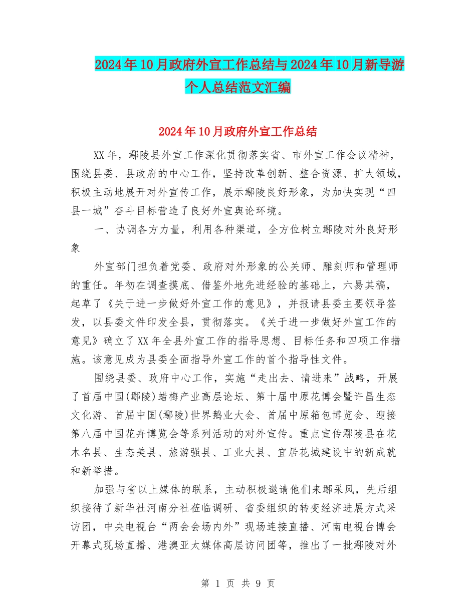 2024年10月政府外宣工作总结与2024年10月新导游个人总结范文汇编_第1页
