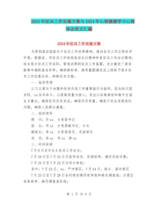 2024年征兵工作实施方案与2024年心理健康学习心得体会范文汇编