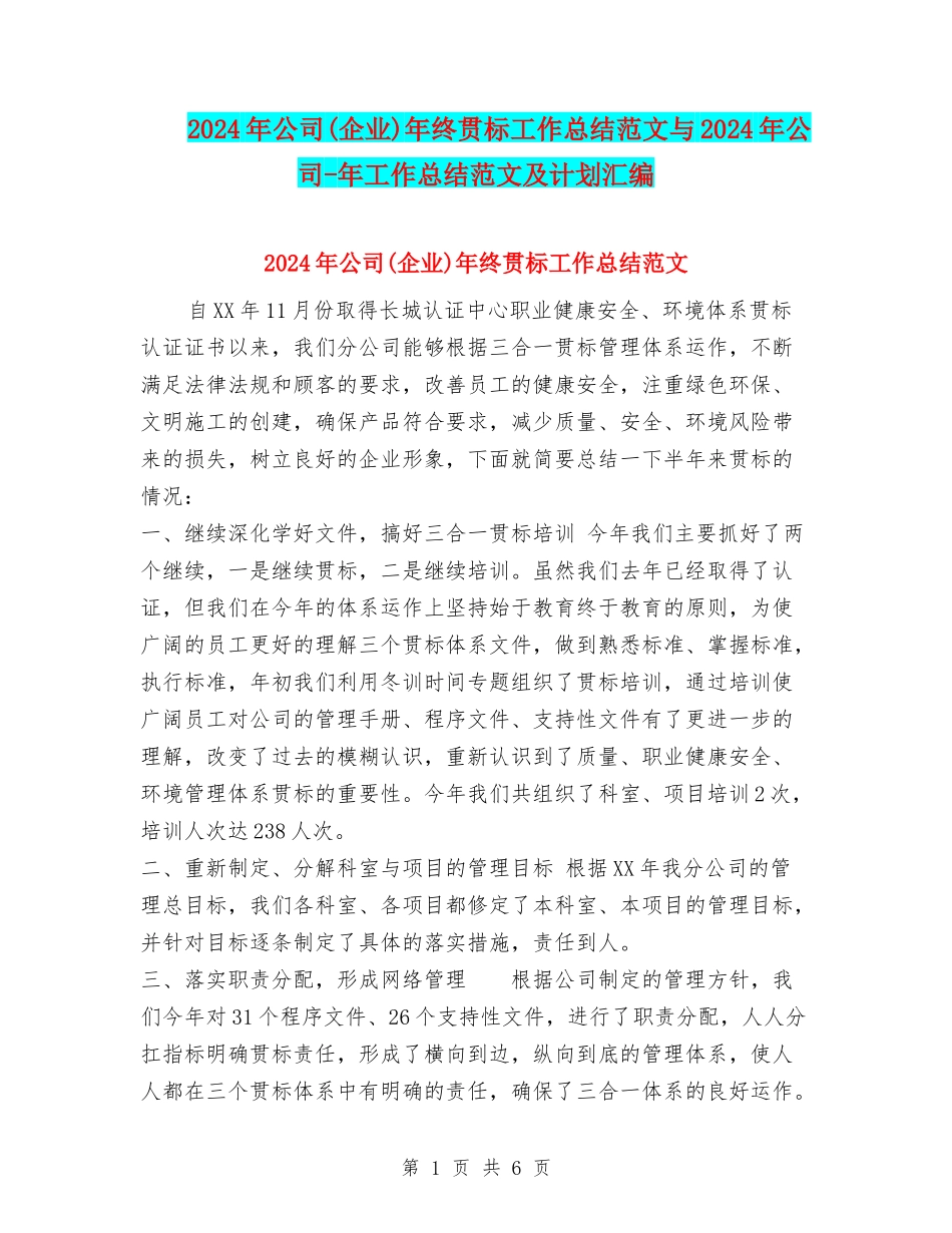 2024年公司年终贯标工作总结范文与2024年公司-年工作总结范文及计划汇编_第1页