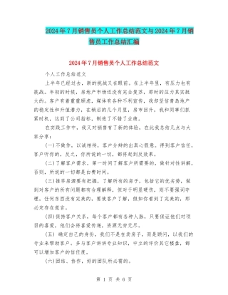 2024年7月销售员个人工作总结范文与2024年7月销售员工作总结汇编