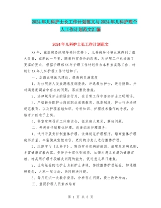 2024年儿科护士长工作计划范文与2024年儿科护理个人工作计划范文汇编
