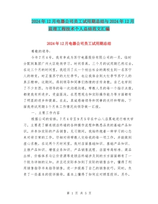 2024年12月电器公司员工试用期总结与2024年12月监理工程技术个人总结范文汇编