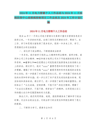 2024年11月电力营销个人工作总结与2024年11月疾病防控中心结核病控制项目工作总结及2024年工作计划汇编