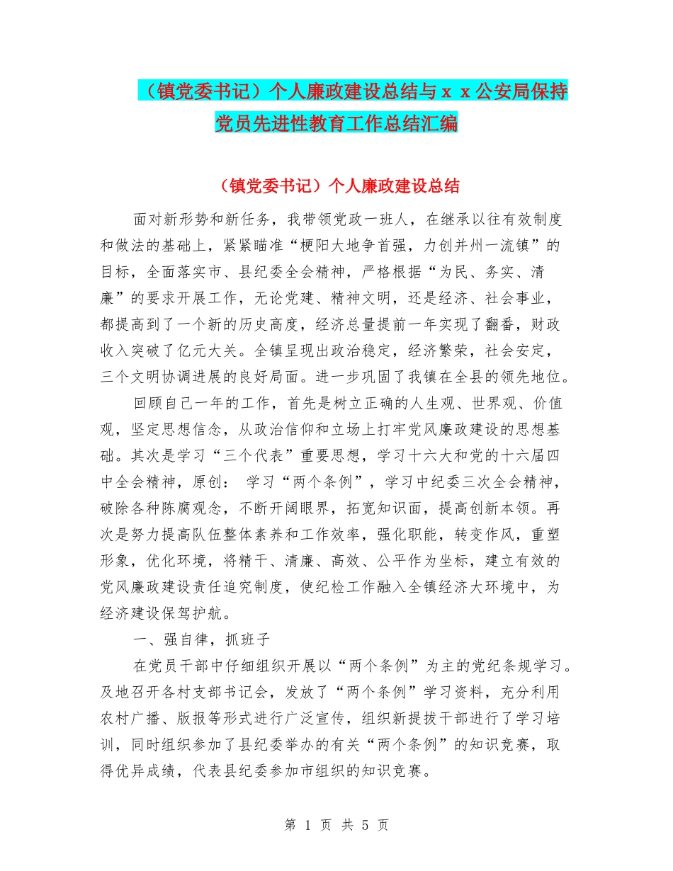 个人廉政建设总结与xx公安局保持党员先进性教育工作总结汇编_第1页