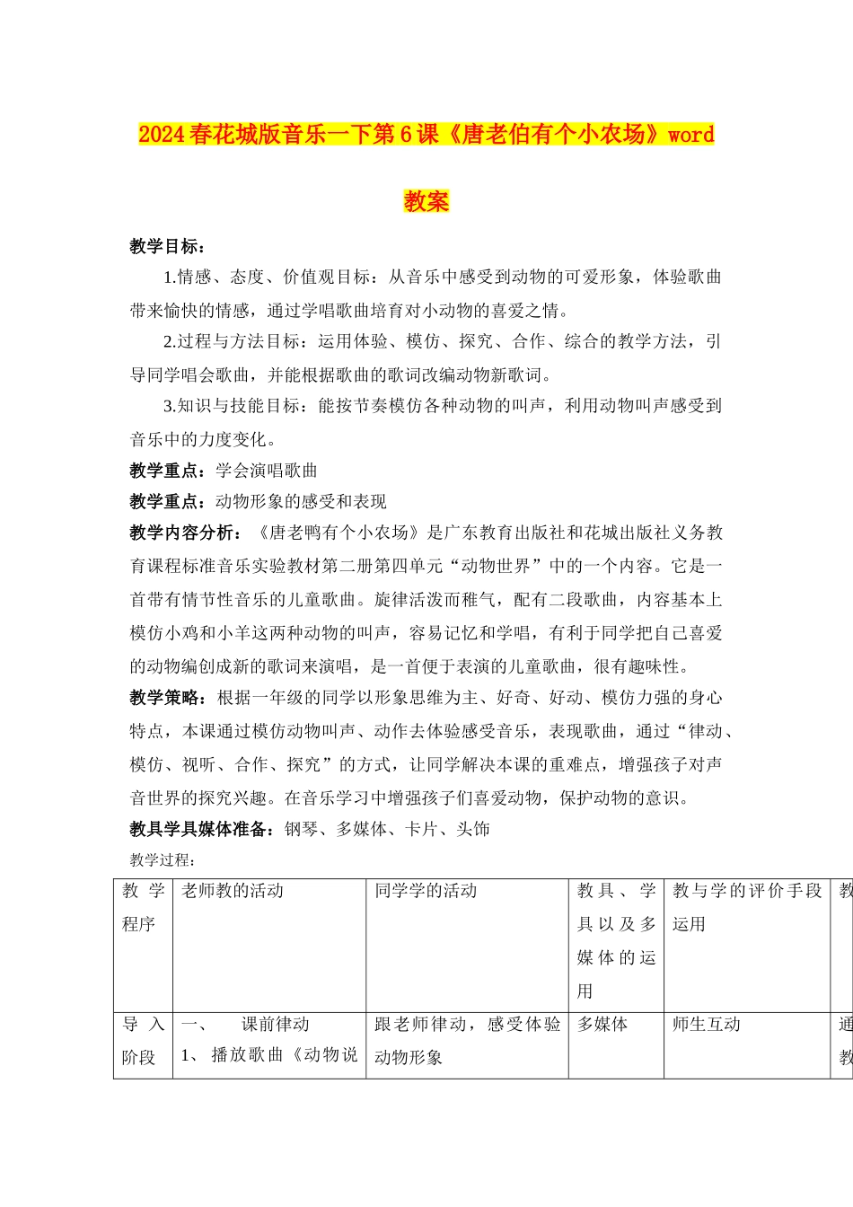 2024春花城版音乐一下第6课《唐老伯有个小农场》word教案_第1页