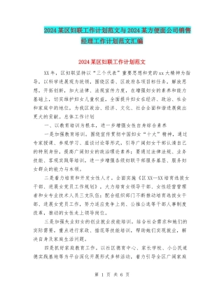 2024某区妇联工作计划范文与2024某方便面公司销售经理工作计划范文汇编