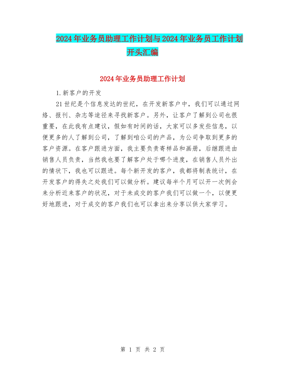 2024年业务员助理工作计划与2024年业务员工作计划开头汇编_第1页