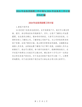 2024年业务员助理工作计划与2024年业务员工作计划开头汇编