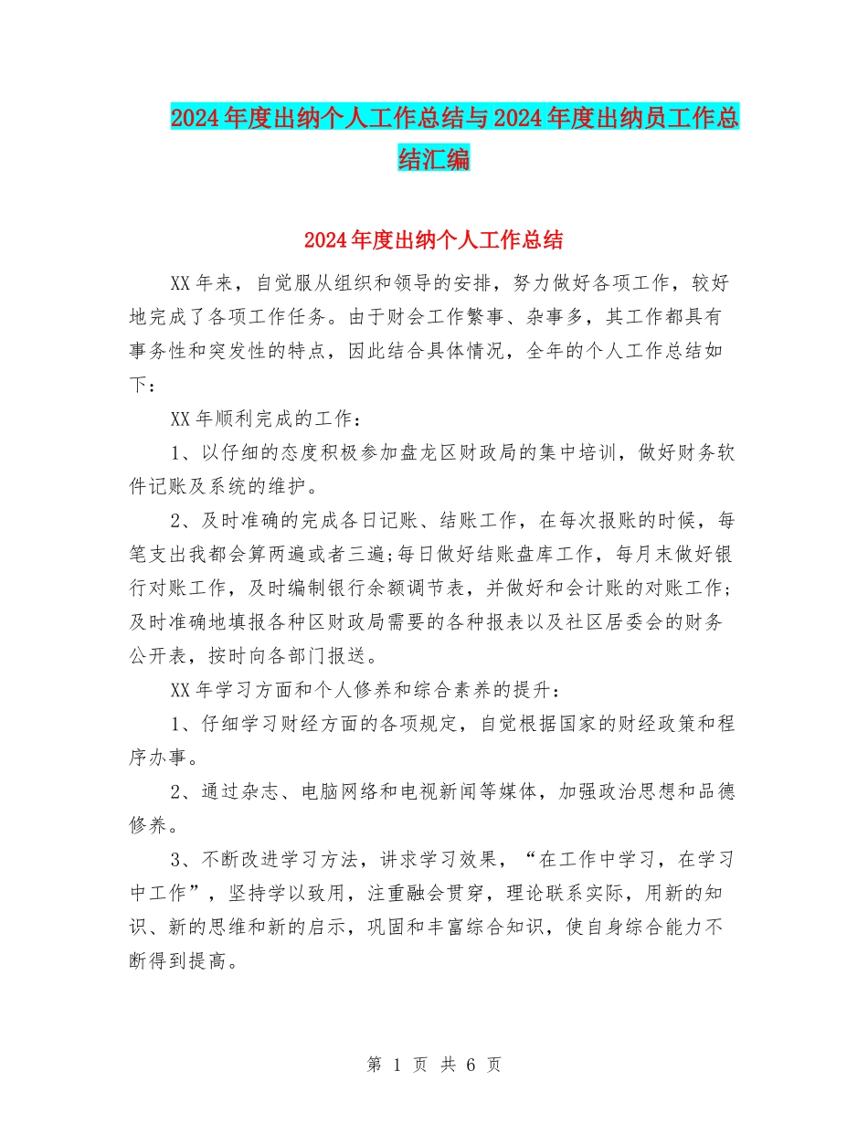2024年度出纳个人工作总结与2024年度出纳员工作总结汇编_第1页