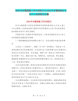 2024年乡镇党建工作计划范文与2024年乡镇党政办主任个人总结范文汇编