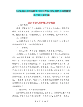 2024年幼儿园学期工作计划表与2024年幼儿园学期班务工作计划汇编