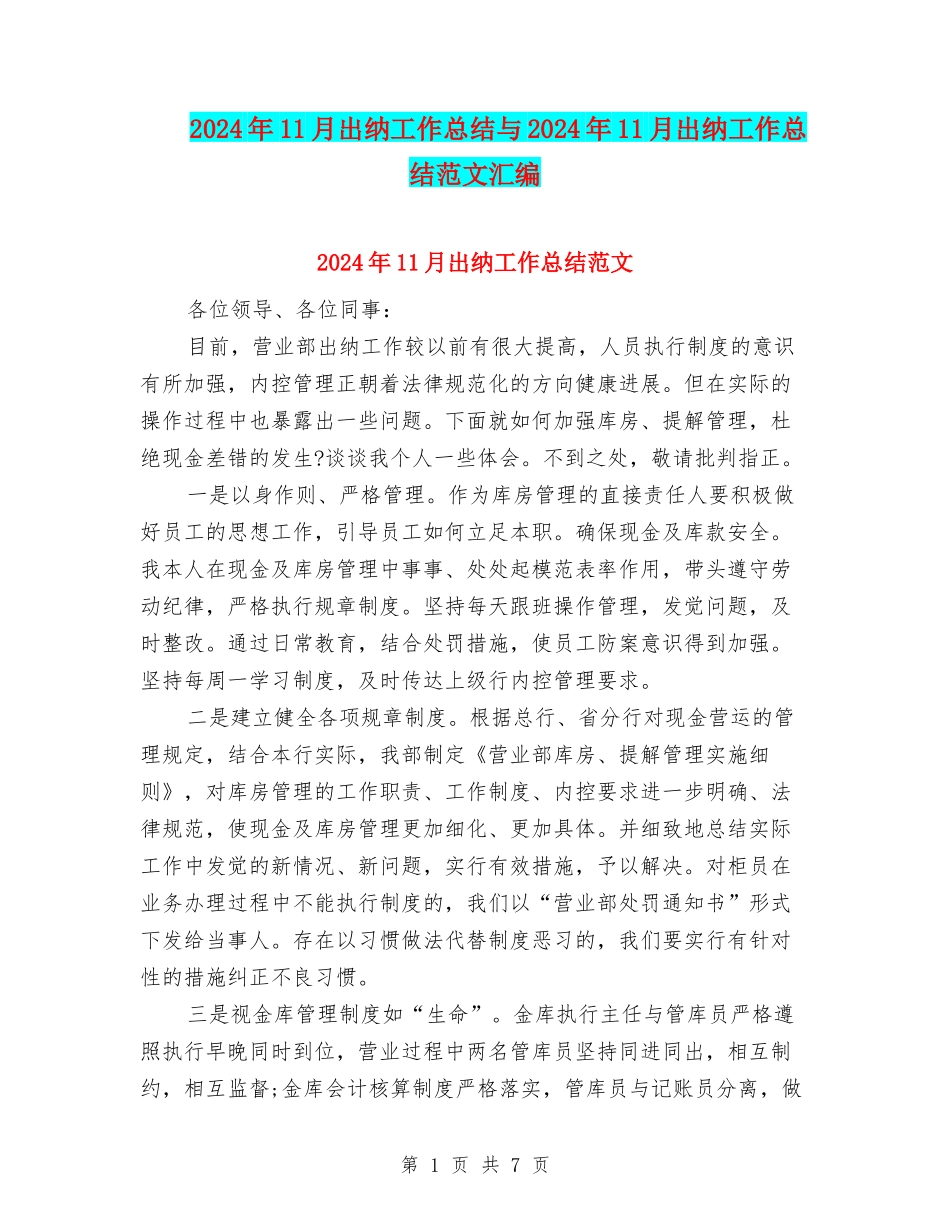 2024年11月出纳工作总结与2024年11月出纳工作总结范文汇编_第1页