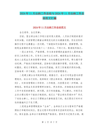 2024年11月出纳工作总结与2024年11月出纳工作总结范文汇编
