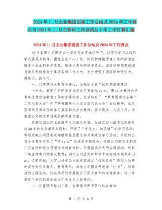 2024年11月企业集团团委工作总结及2024年工作要点与2024年11月企管科工作总结及下年工作打算汇编