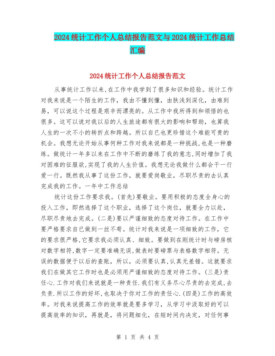 2024统计工作个人总结报告范文与2024统计工作总结汇编_第1页