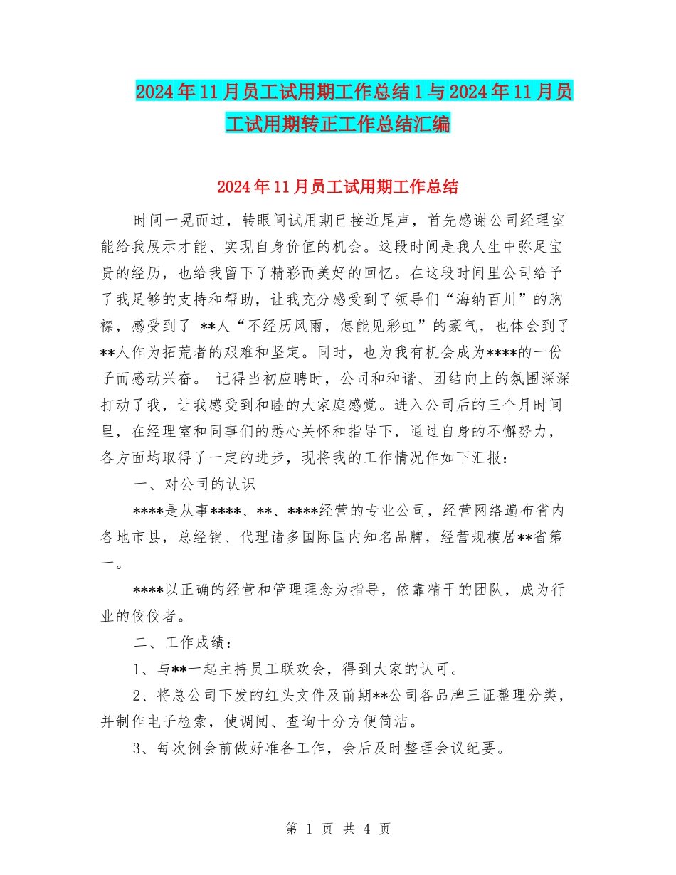 2024年11月员工试用期工作总结1与2024年11月员工试用期转正工作总结汇编_第1页