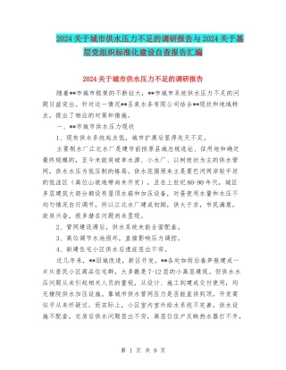 2024关于城市供水压力不足的调研报告与2024关于基层党组织标准化建设自查报告汇编