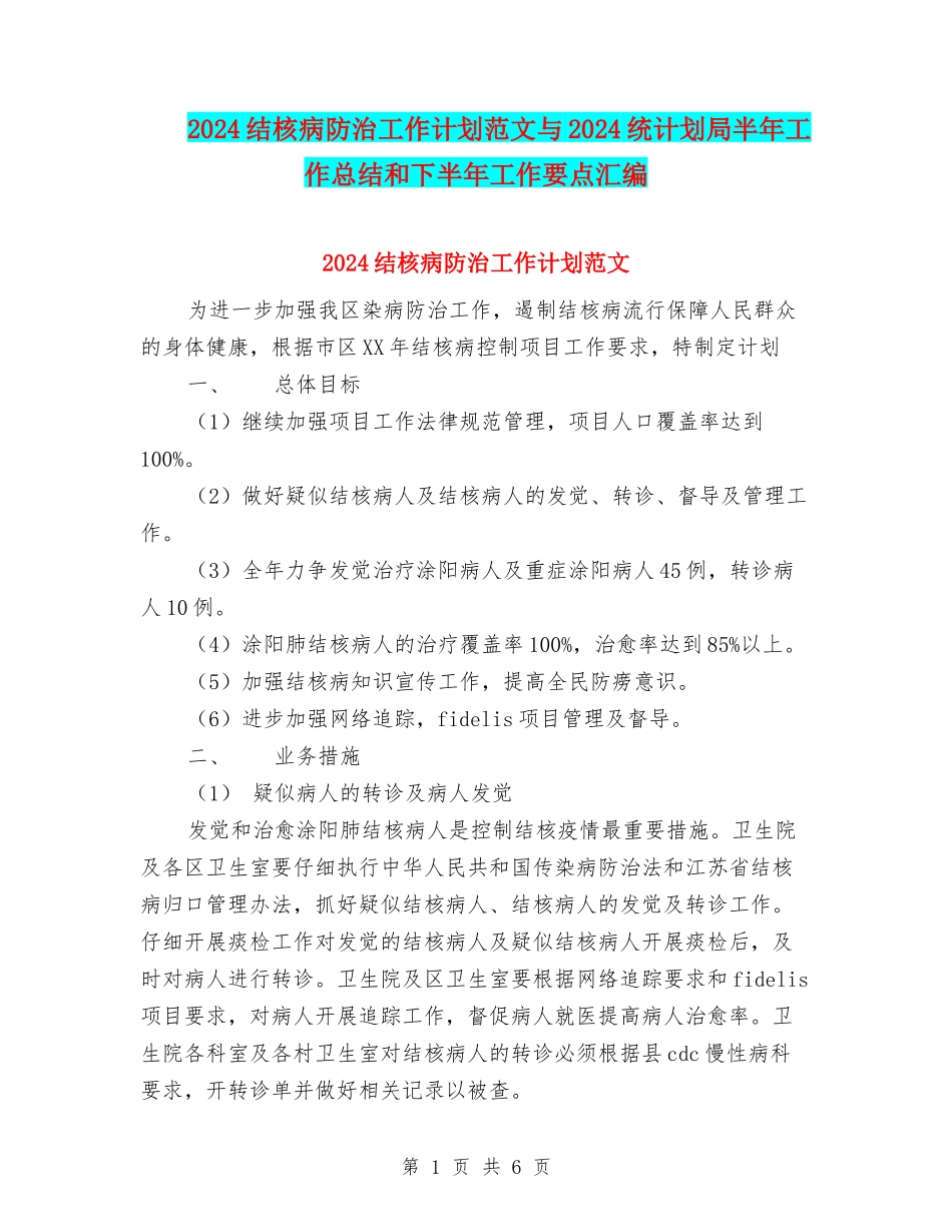 2024结核病防治工作计划范文与2024统计划局半年工作总结和下半年工作要点汇编_第1页